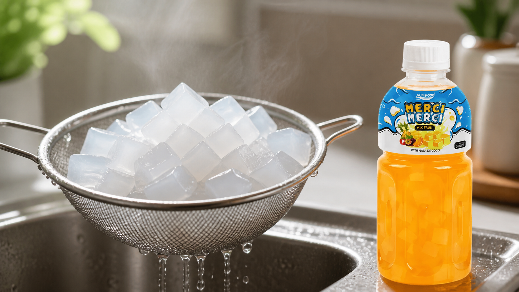 Nata de coco pieces prepared for filling into ready-to-drink beverages