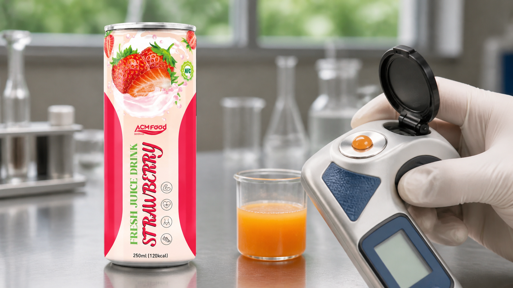Digital refractometer measuring fruit juice Brix beside a glass sample