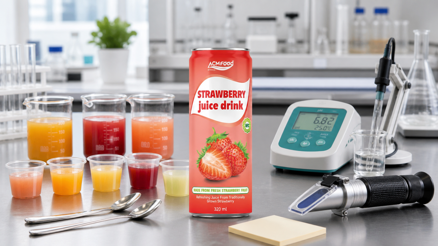 R&D bench with beakers testing no added sugar juice samples