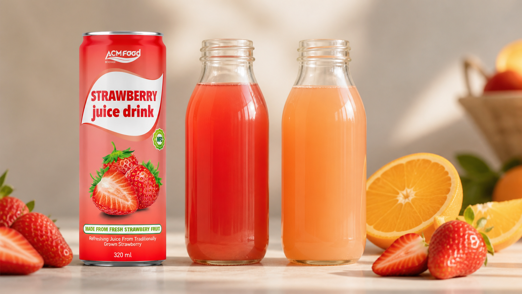 Two generic juice bottles representing no added sugar and reduced sugar