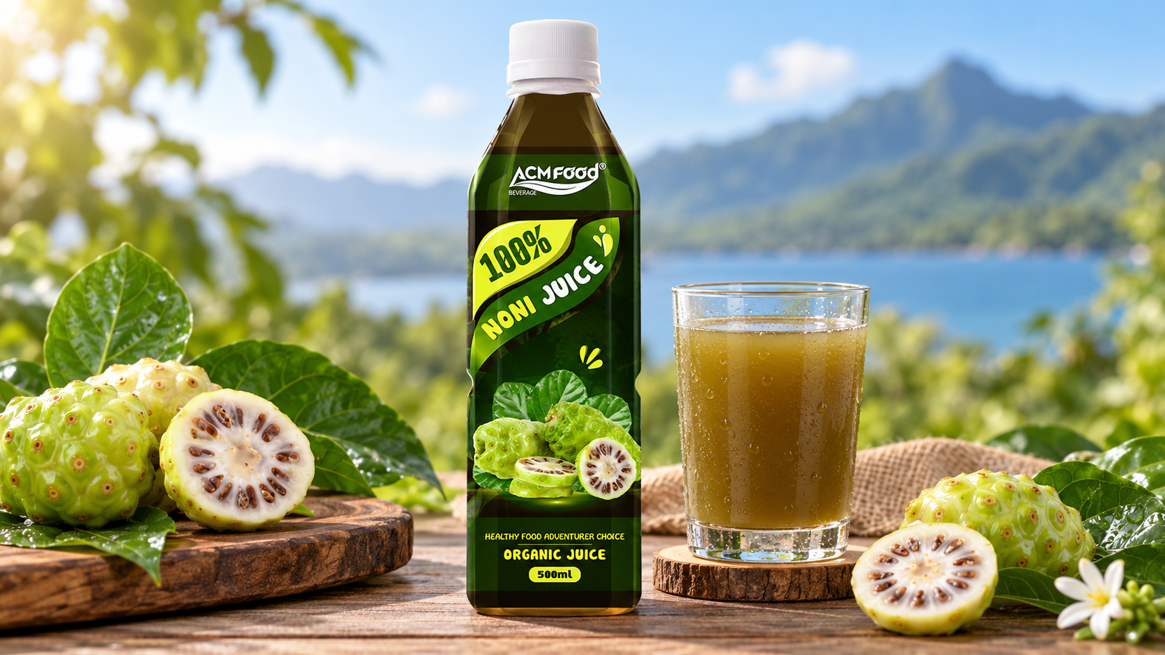 500ml ACMFOOD noni juice drink in a clear PET bottle, the finished product made from noni juice
