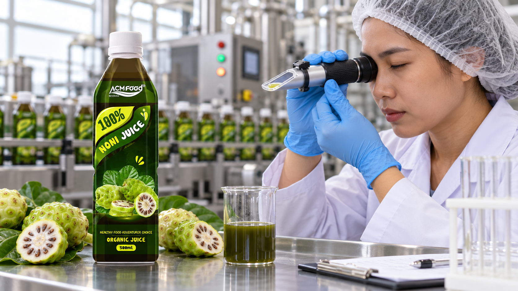 Technician checking a juice sample with a refractometer in a beverage production facility