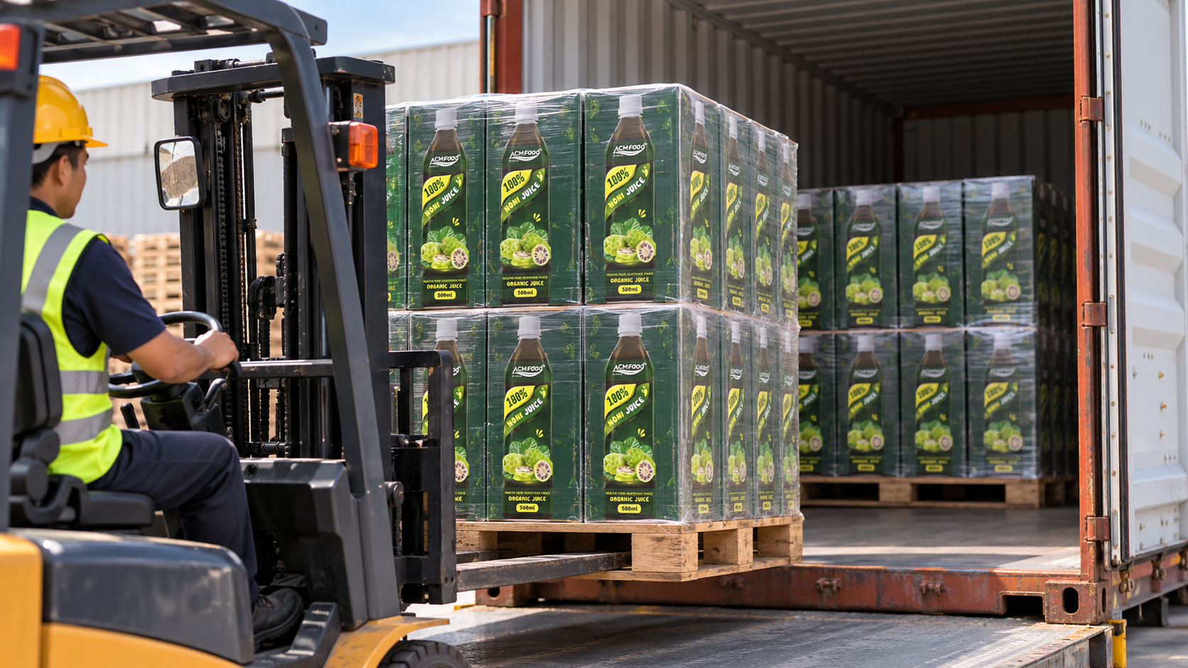 Palletised beverage cartons being loaded into a 20ft shipping container