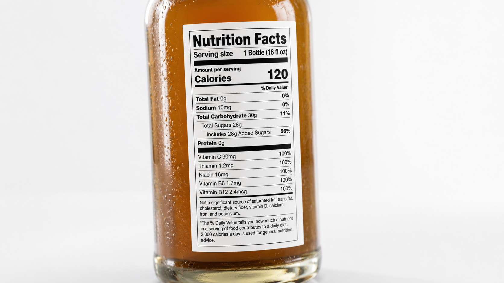 Close-up of a U.S. Nutrition Facts label on a beverage bottle
