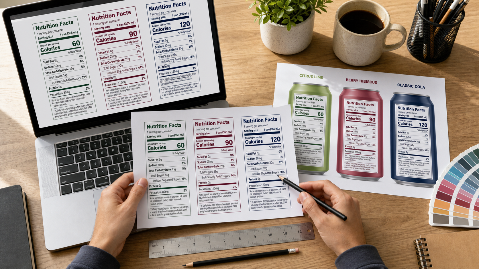 Designer reviewing beverage Nutrition Facts layouts on a laptop and printouts
