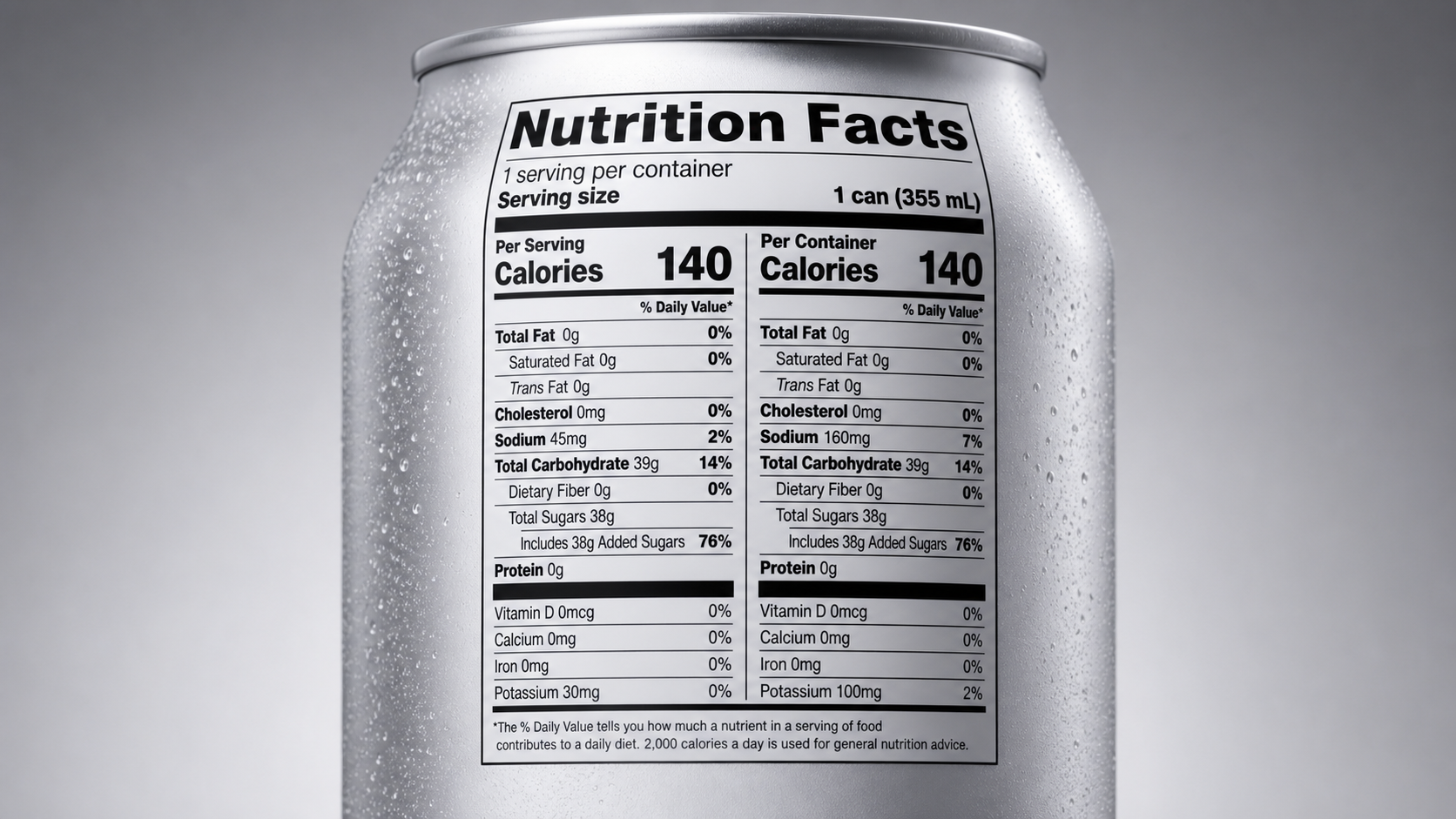 Aluminum can showing dual-column Nutrition Facts label for serving and container