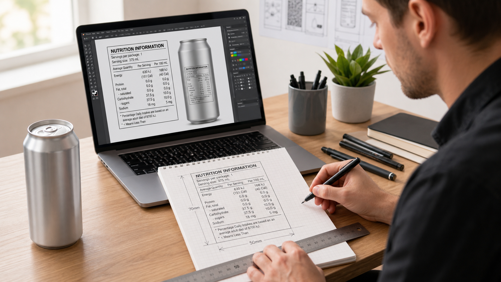 Designer creating an Australian nutrition information panel for a beverage can