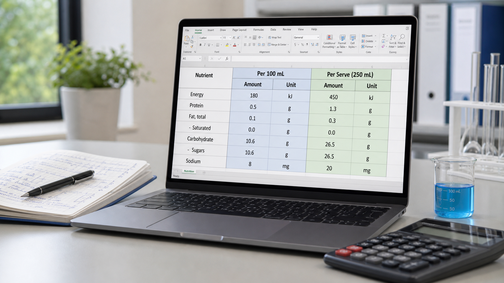 Spreadsheet calculating per 100 mL and per serve values for drinks