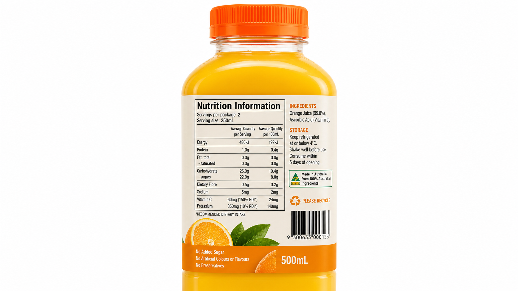 Close-up of compliant nutrition panel on a clear juice bottle