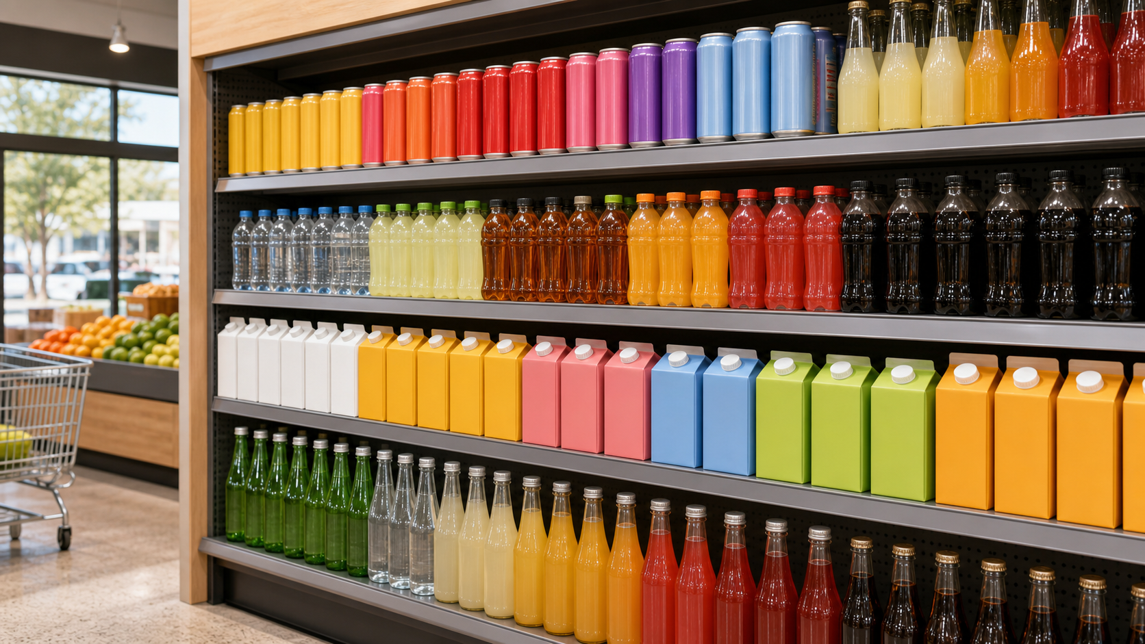 Retail shelf with Australian-style beverage packaging formats and sizes