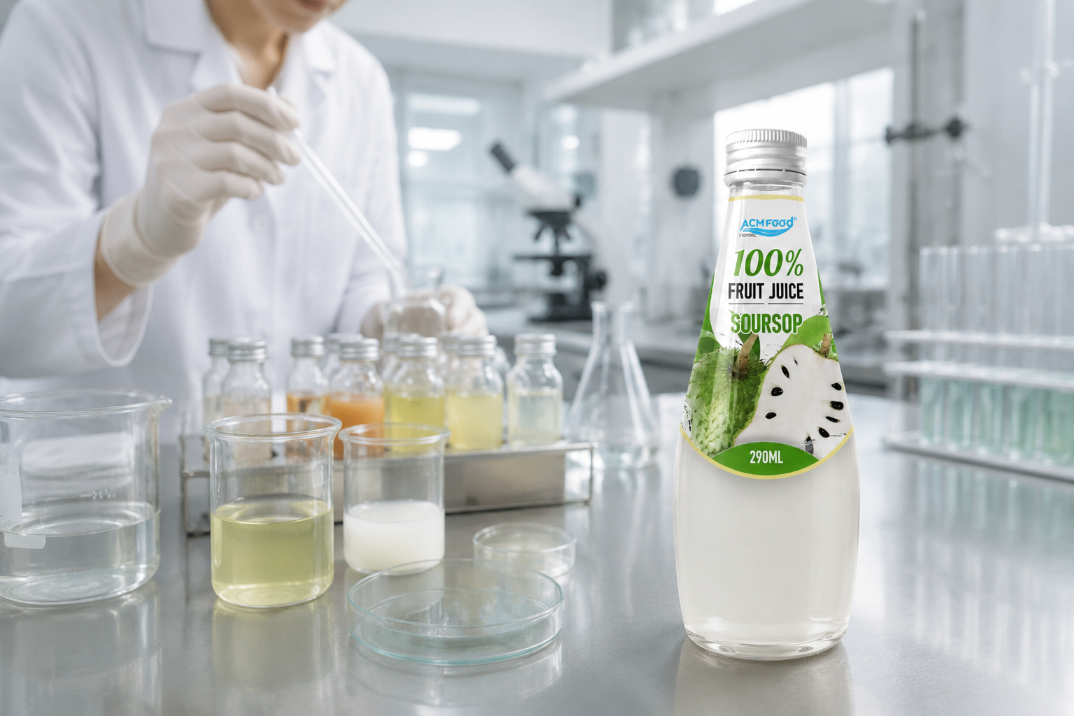 Lab technician conducting a bench-scale beverage formulation trial with beakers and sample bottles, clean laboratory lighting, commercial photography, landscape composition