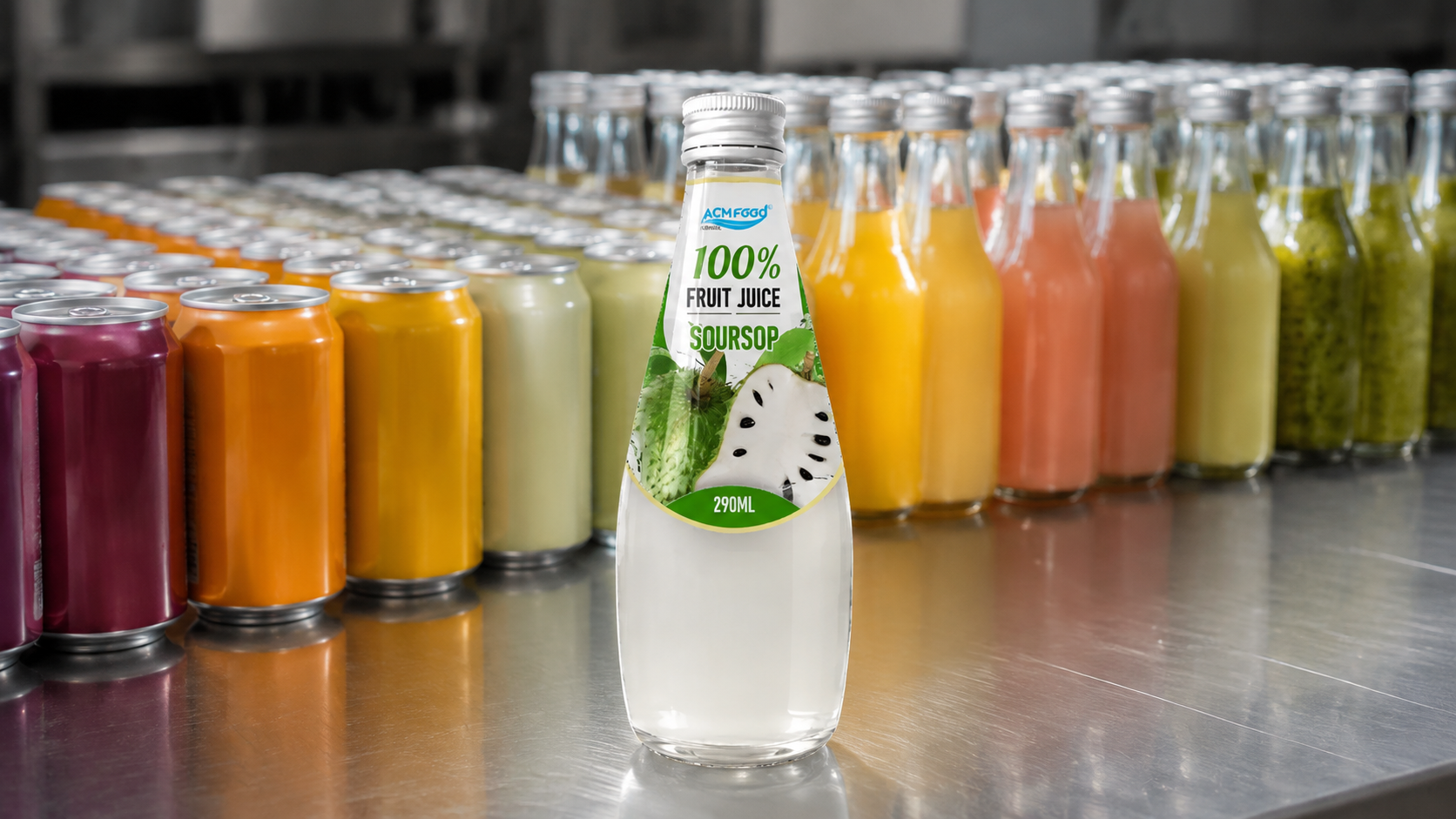 Rows of finished beverage samples in cans and bottles lined up for evaluation on a stainless steel table, soft studio lighting, commercial product photography, landscape composition