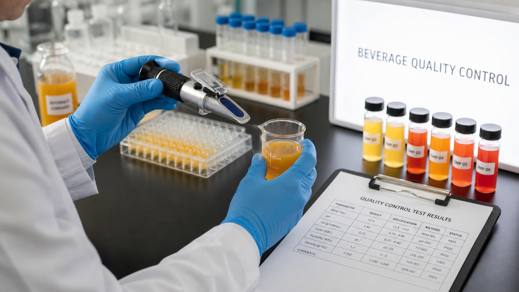 Quality control lab testing ready-to-drink juice before U.S. market shipment