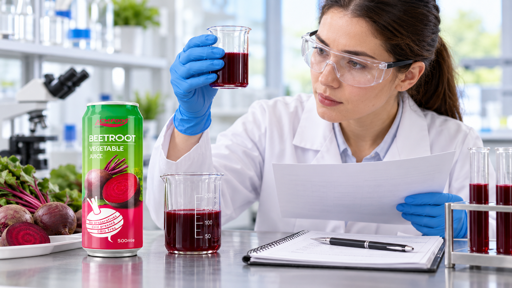 Quality technician in a clean laboratory checking a sample of dark red juice against documents and a notebook, bright even lighting, commercial photography, landscape composition