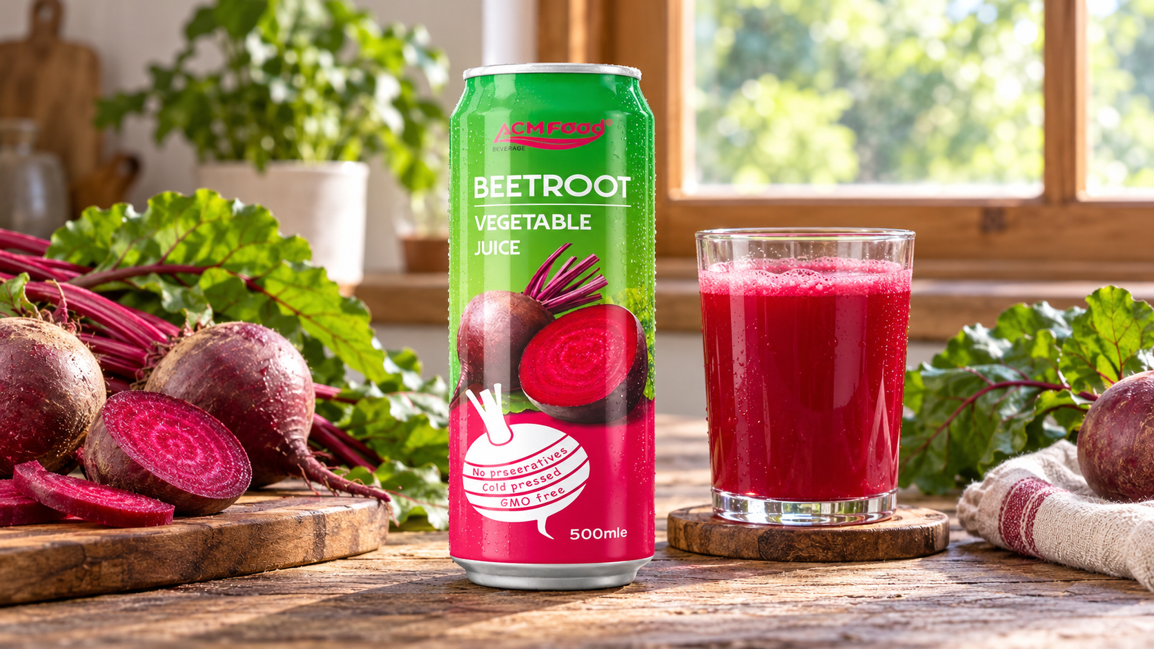 Glass of bright red beetroot juice with sliced beets and green leaves on a rustic table beside a window, natural daylight, commercial food photography, landscape composition