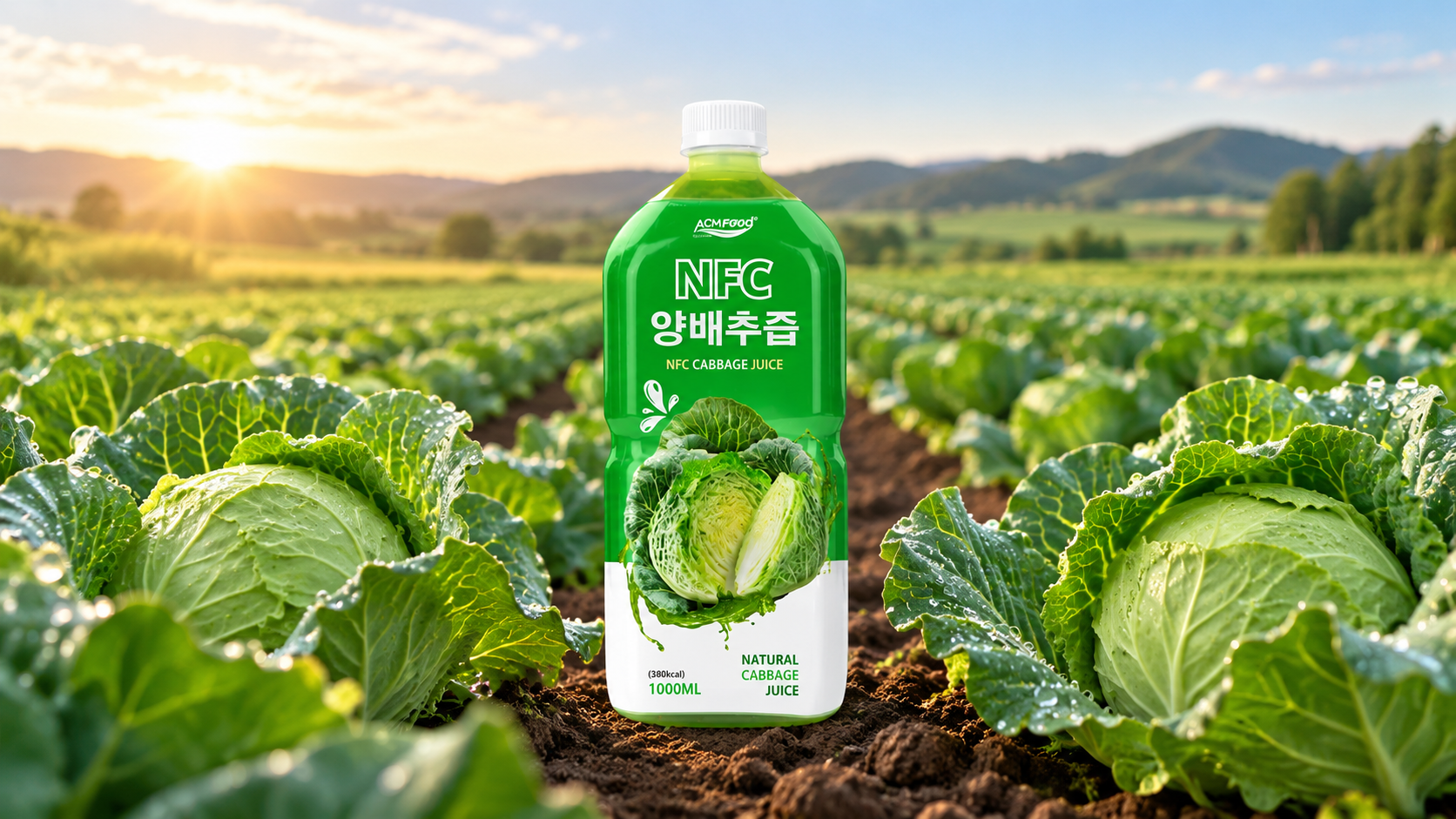 Rows of green cabbage heads growing in an organic field under soft morning light, natural light, commercial agricultural photography, landscape composition