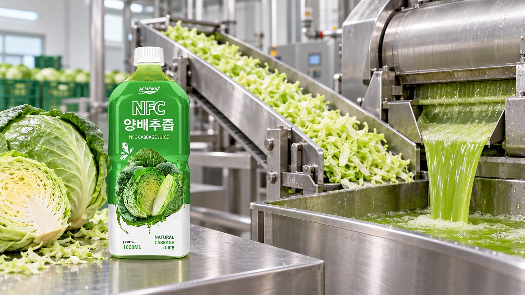 Shredded green cabbage on a stainless steel conveyor entering a juice press in a clean modern food factory, no people, commercial industrial photography, landscape composition