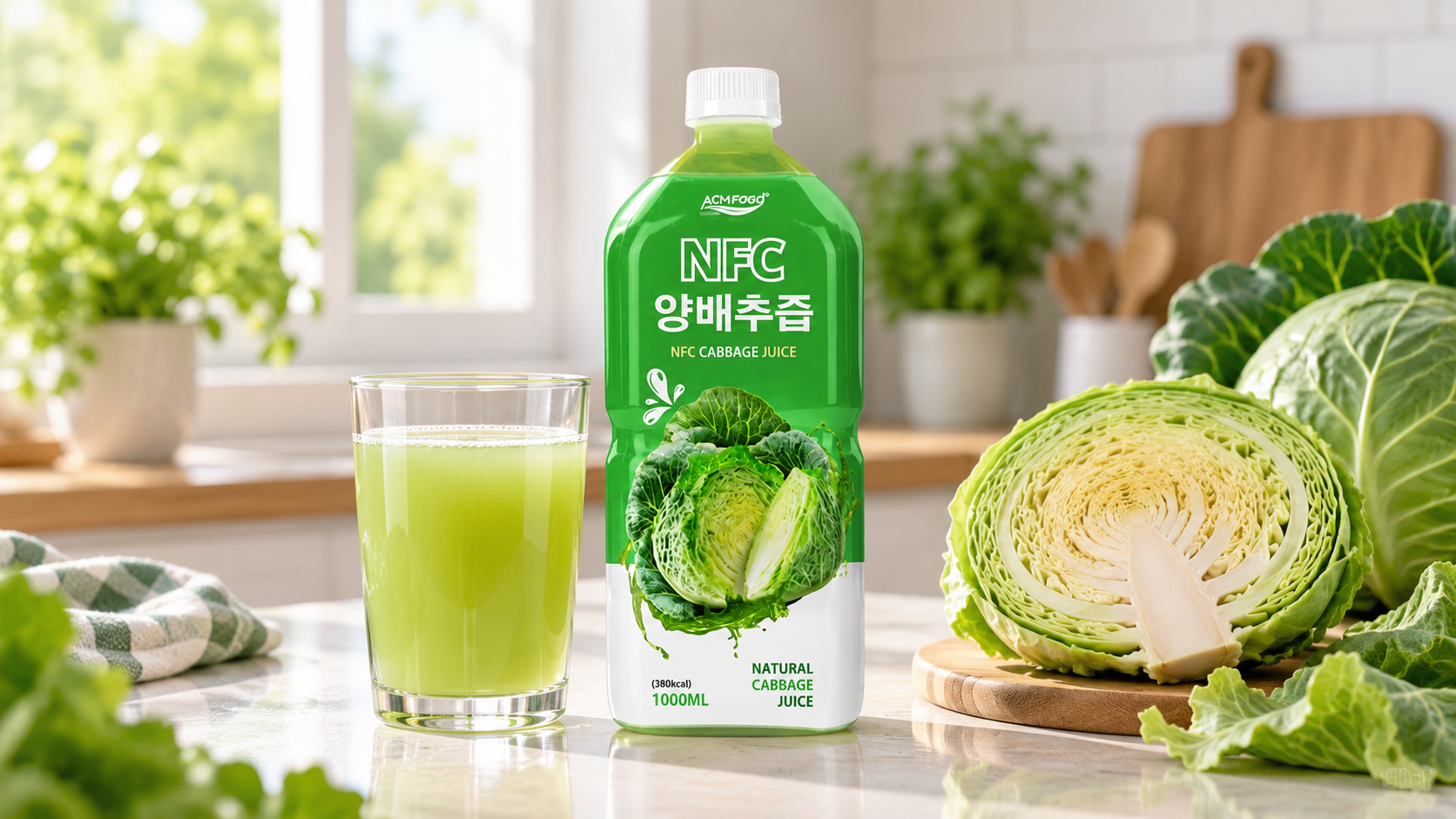 Glass of pale green cabbage juice beside a clear PET bottle and a halved green cabbage on a bright kitchen counter, natural light, commercial beverage photography, landscape composition