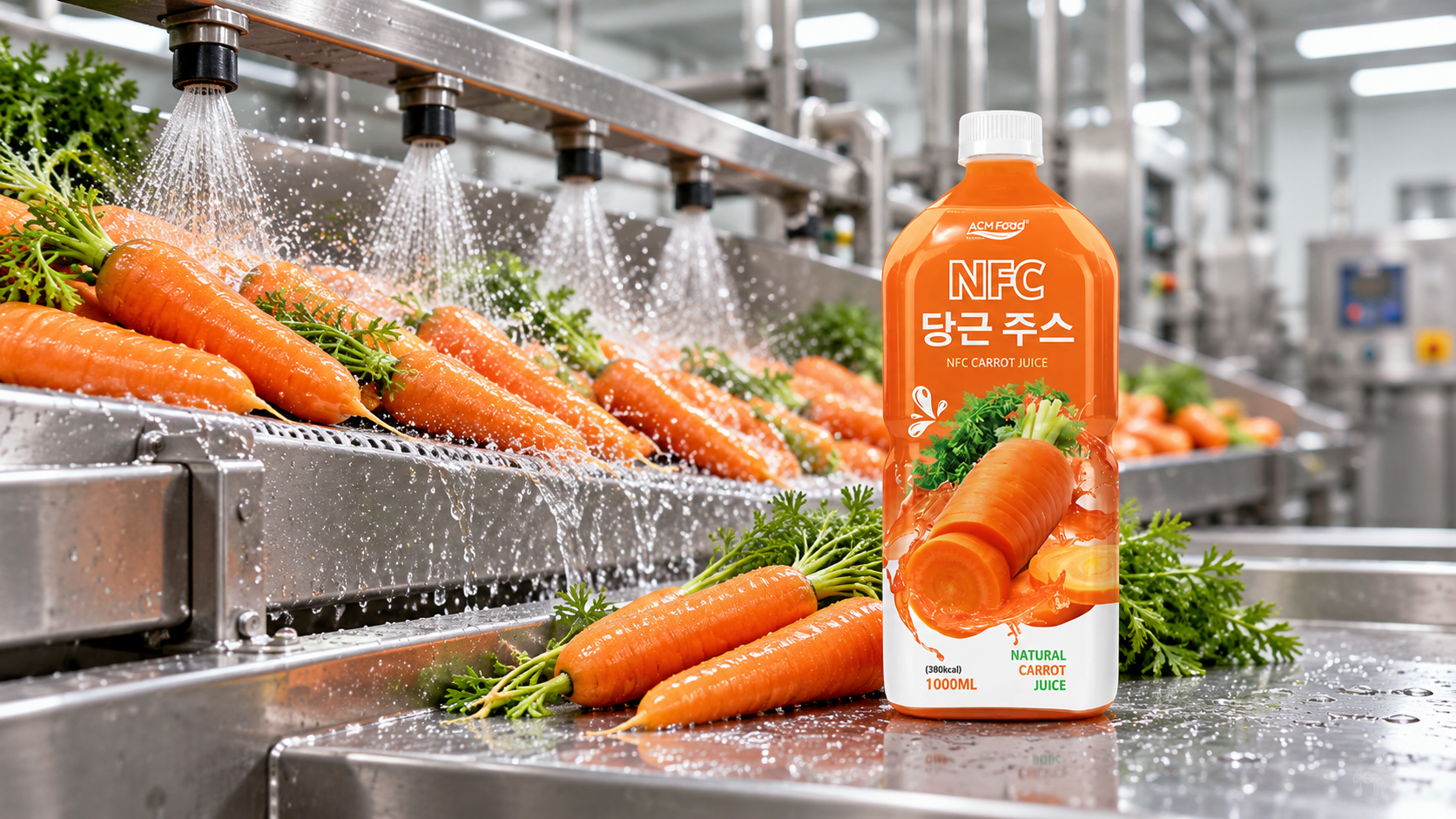 Carrots being washed on a stainless steel conveyor in a clean food factory with water sprays, no people, commercial industrial photography, landscape composition