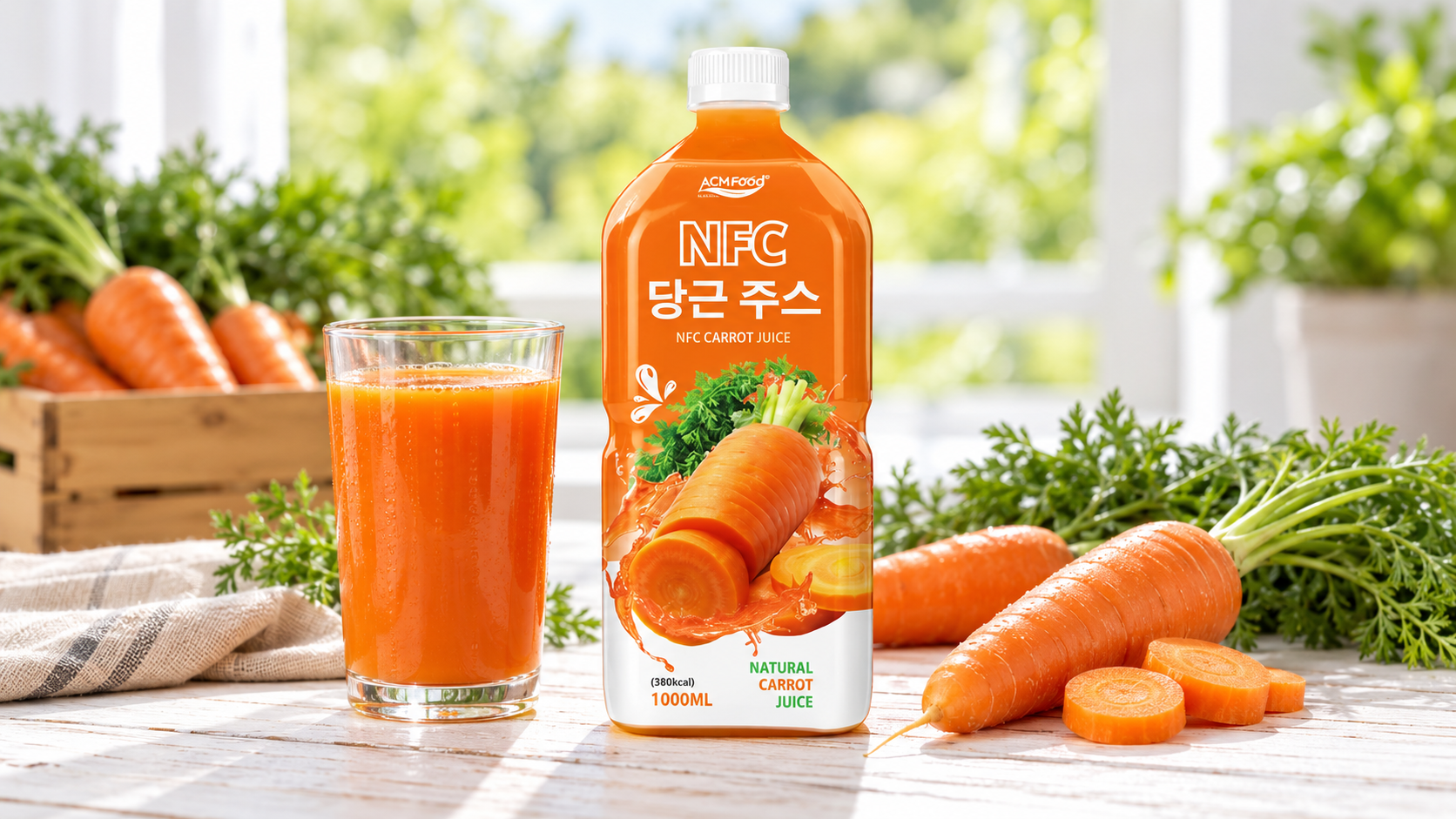 Glass of orange carrot juice with a whole carrot beside a slim aluminium can on a white wooden table, bright natural light, commercial food photography, landscape composition