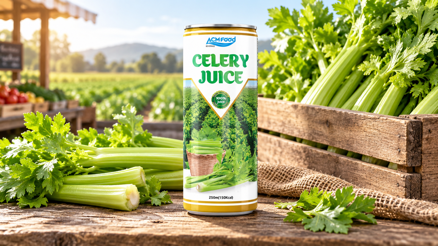 Bunches of fresh green celery stalks with leaves in a wooden crate at a farm market, morning light, commercial food photography, landscape composition
