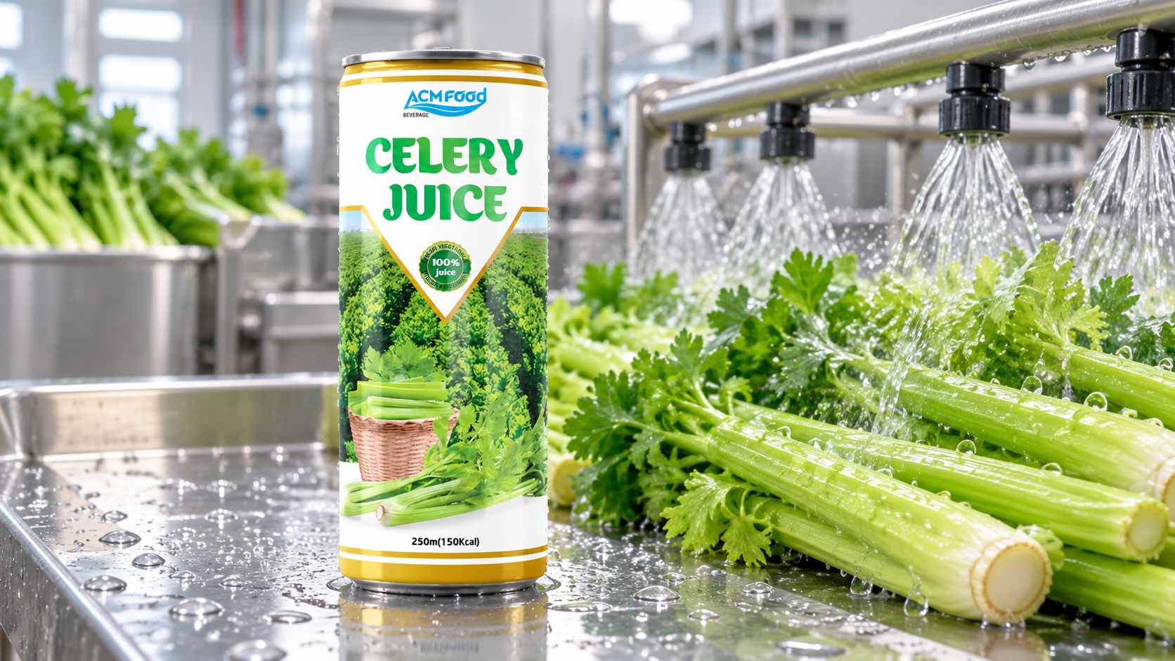 Fresh celery stalks being washed under water sprays on a stainless steel table in a clean food factory, no people, commercial industrial photography, landscape composition