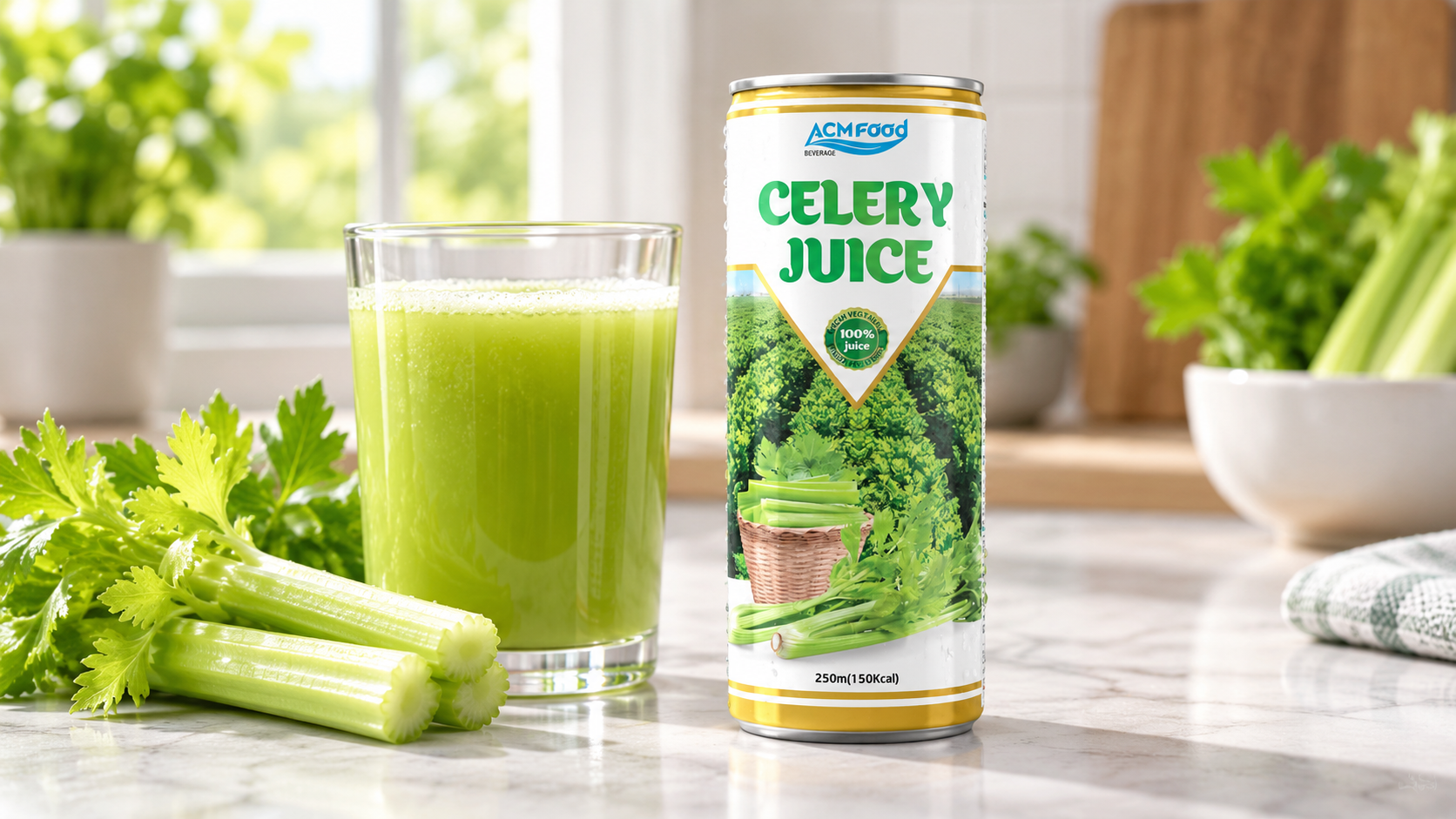 Glass of pale green celery juice with a celery stalk beside a slim aluminium can on a light kitchen counter, bright natural light, commercial food photography, landscape composition
