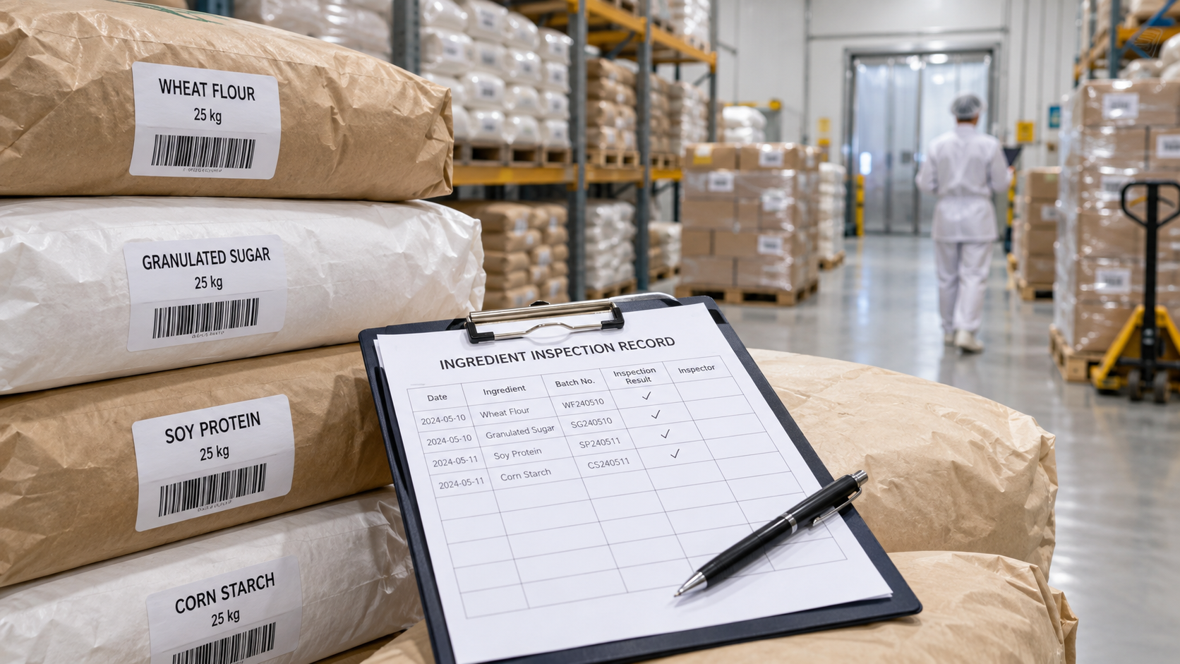 A clipboard of inspection records resting on a stack of labelled ingredient sacks in a clean warehouse, barcode tags visible but text not legible, neutral industrial lighting, commercial photography, 16:9 landscape