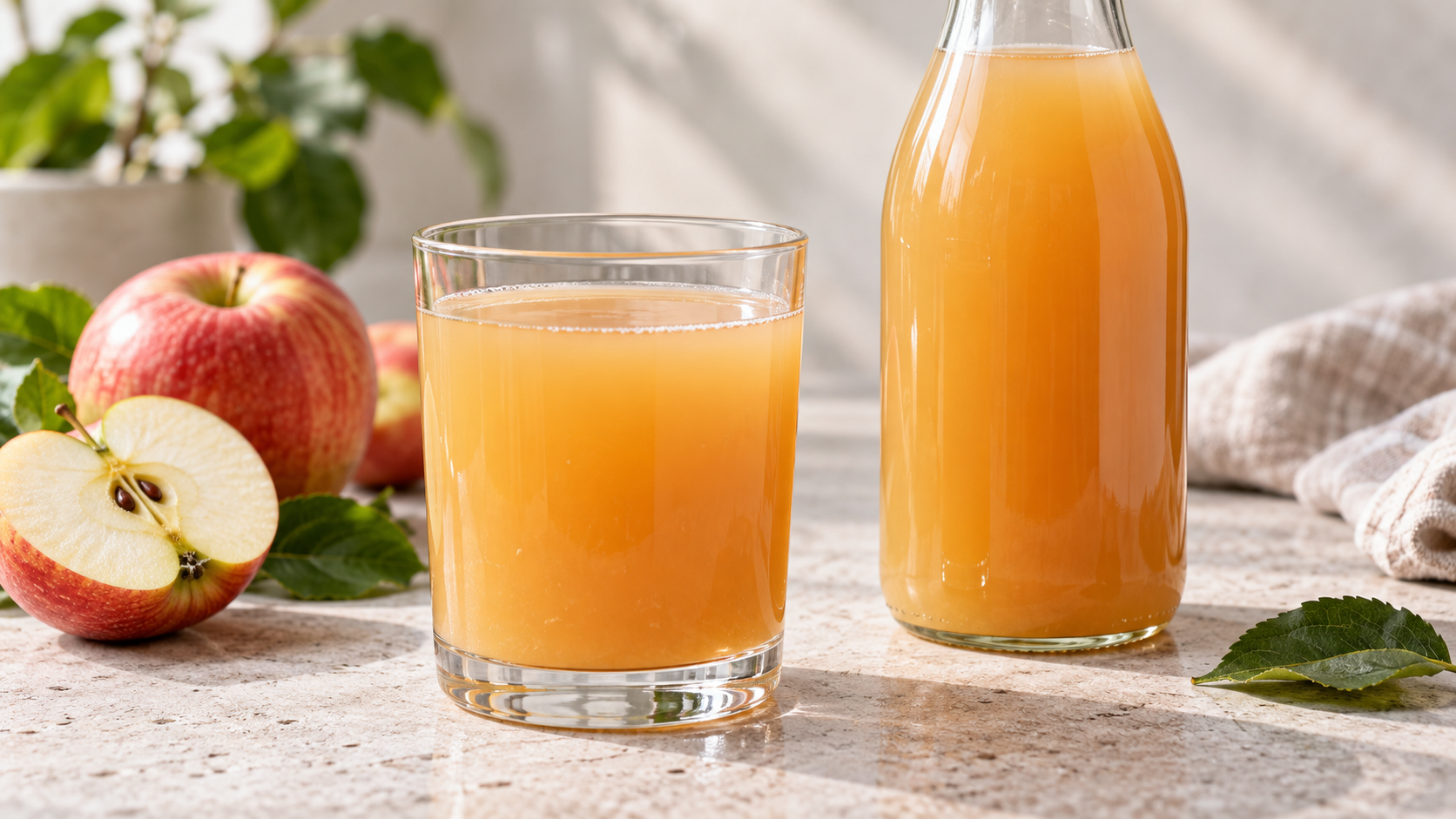 Close-up of a glass of cloudy fruit juice beside an unlabelled bottle on a pale stone surface, soft directional daylight, clean minimal styling, high-resolution commercial food photography, 16:9 landscape