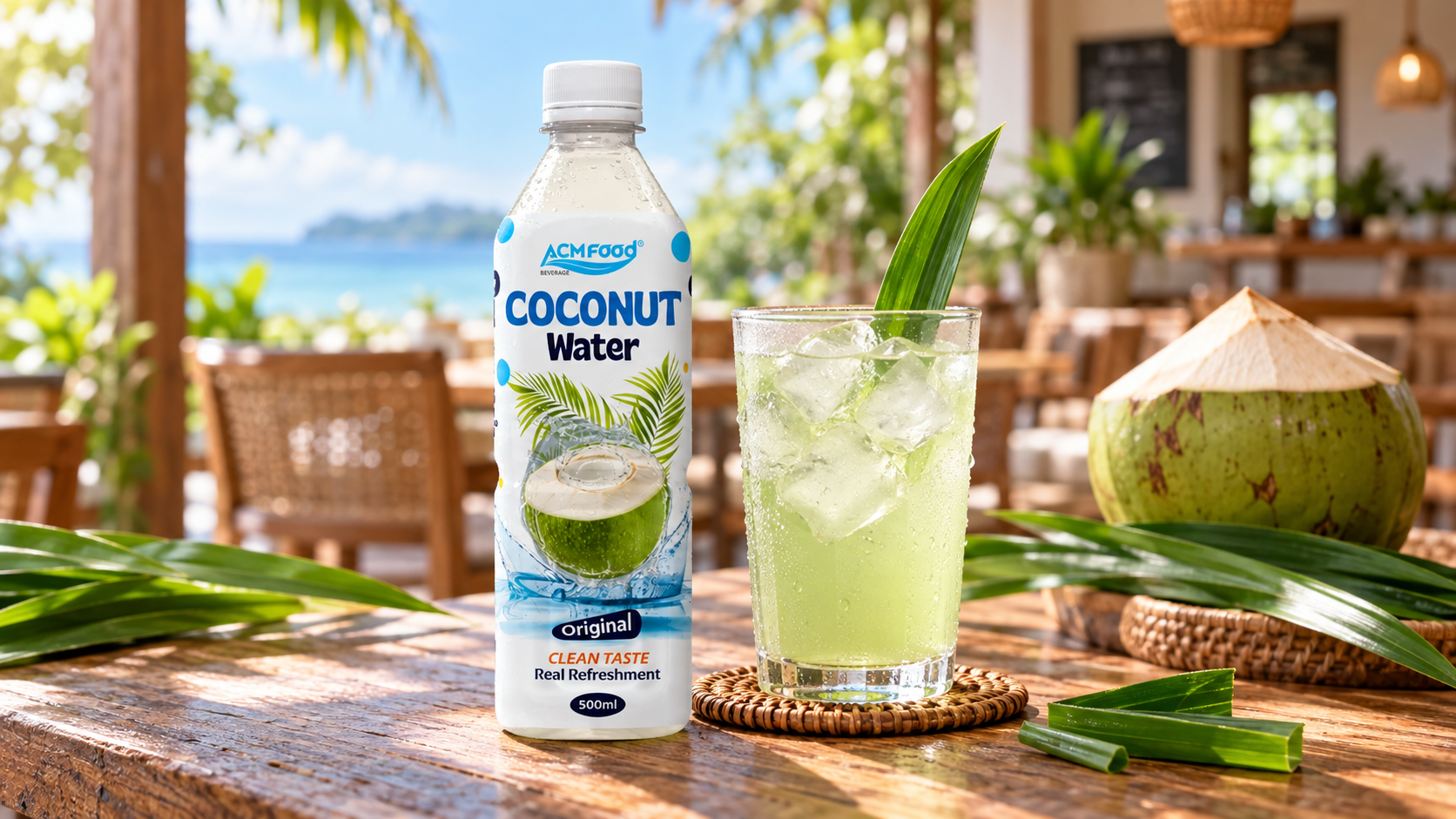 Glass of pale green pandan coconut water with ice on a wooden cafe table in a bright tropical cafe, a few pandan leaves and a young coconut in the soft-focus background, natural window light, realistic commercial beverage photography, 16:9 landscape, no text