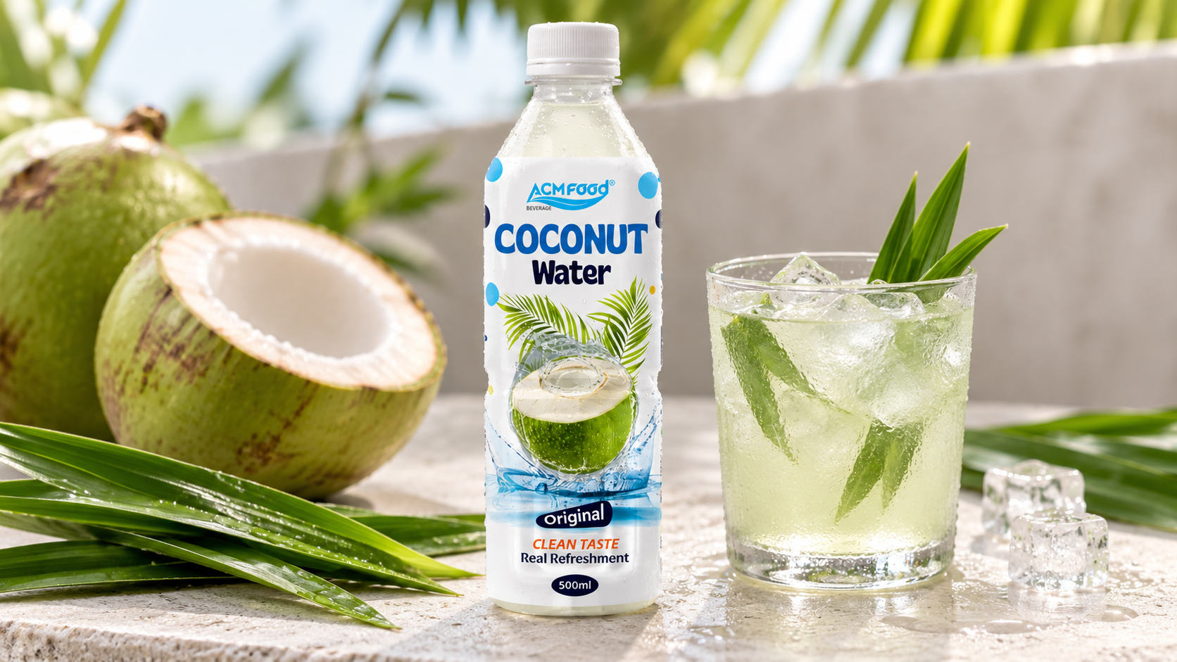 Close-up of a chilled aluminium can and a glass of pale green coconut water with ice on a light stone surface, fresh pandan leaves arranged beside them, soft diffused light, clean minimal styling, realistic commercial beverage photography, 16:9 landscape, no text, no logos