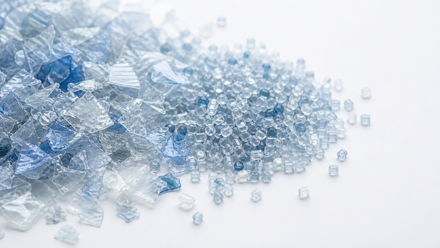 Close-up of clear PET flakes and pellets for rPET bottles