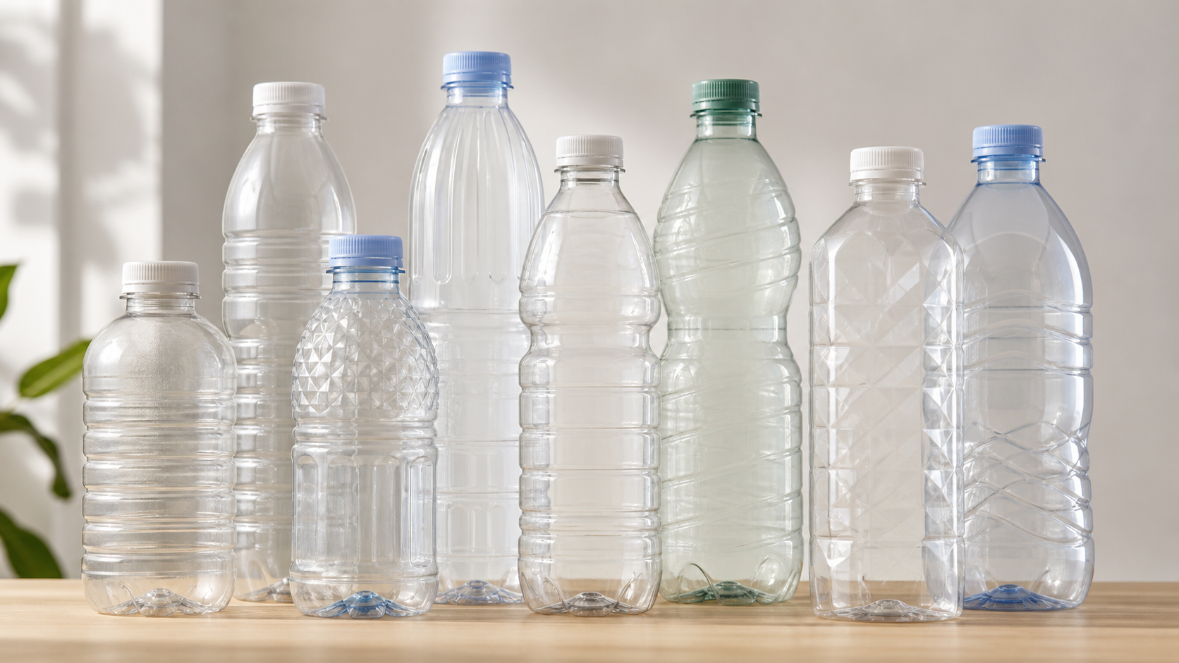 Assorted clear beverage bottles made with partially recycled PET
