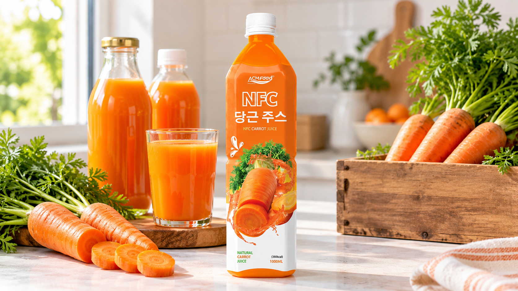 Clear PET and glass bottles of orange carrot juice lined up on a bright counter beside fresh carrots, soft natural light, commercial food photography, landscape composition