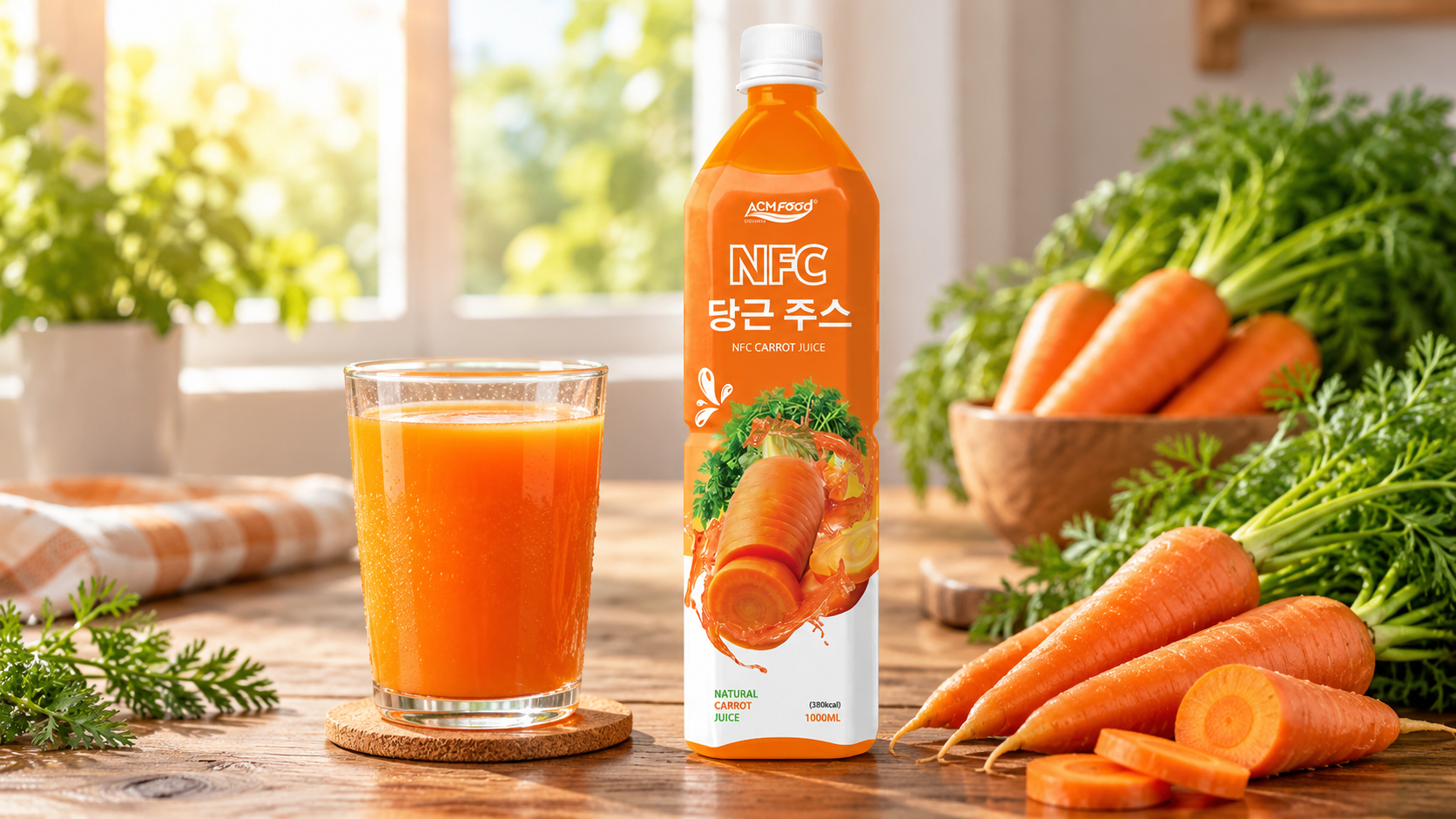 Glass of bright orange carrot juice on a wooden table beside a clear bottle and whole carrots, morning window light, commercial beverage photography, landscape composition