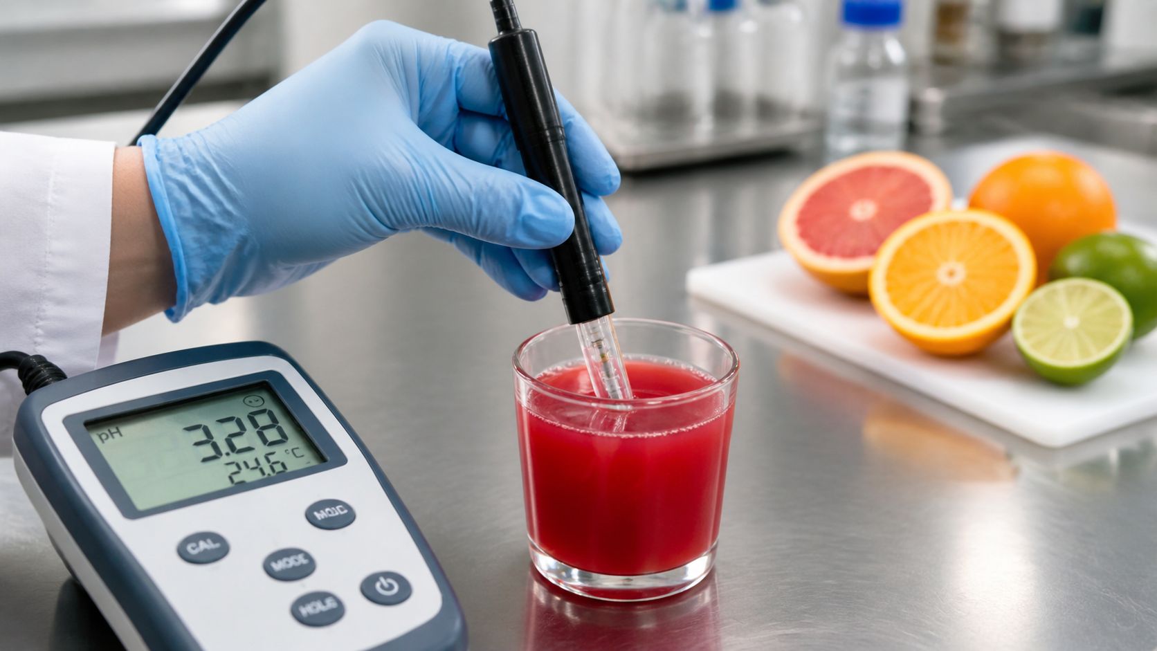 Lab technician measuring beverage pH with a probe in a juice glass
