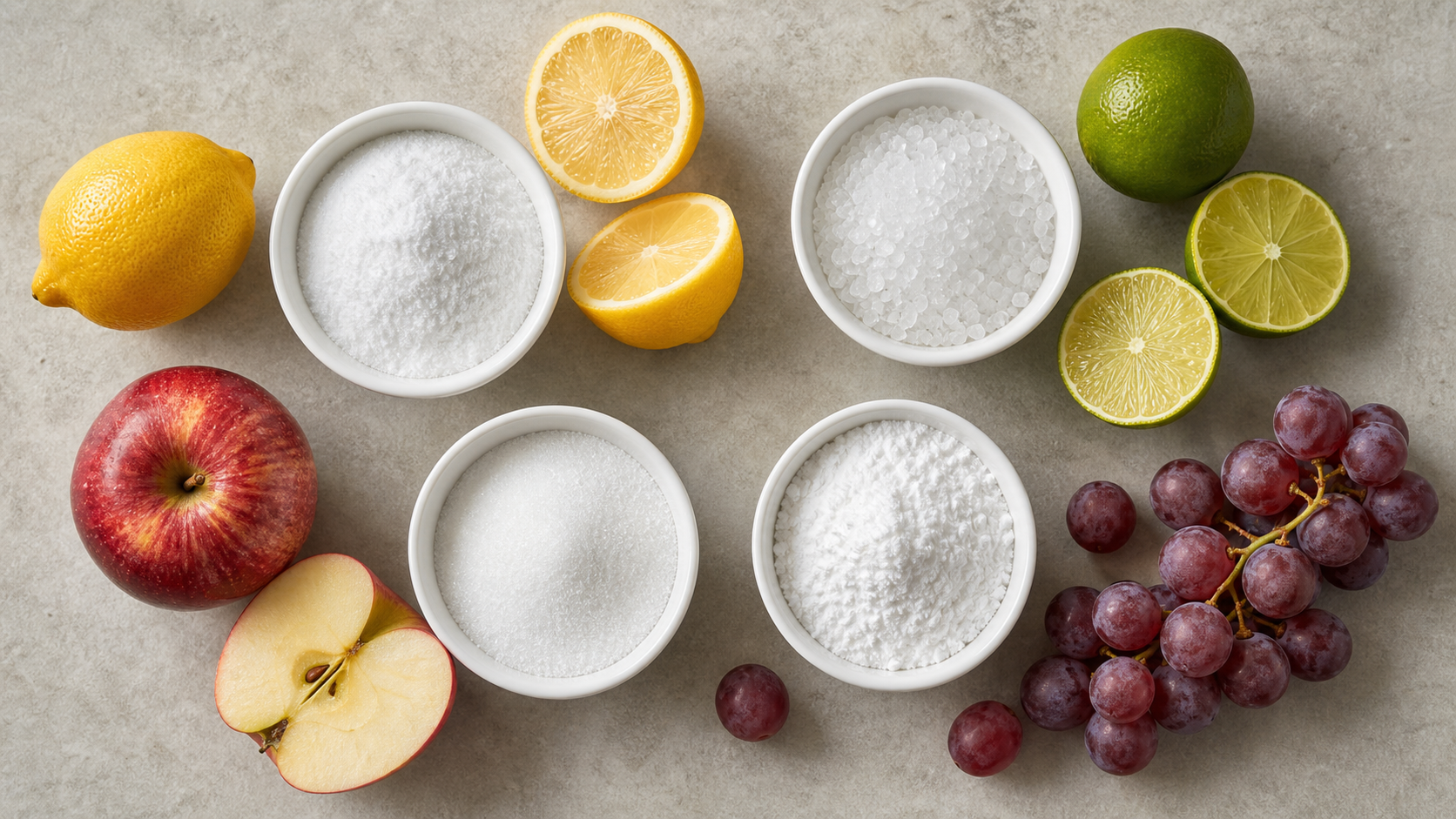 Assorted food-grade acidulants and fruits used in beverage formulation