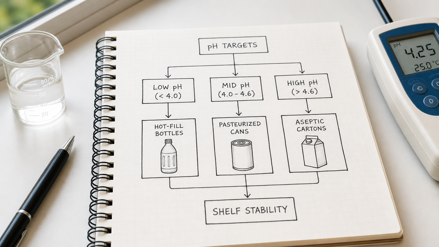 Flowchart sketch linking pH targets to filling and shelf stability