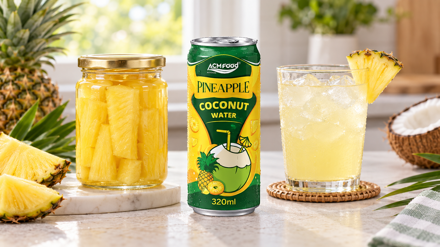Glass jar of pineapple spears packed in clear liquid placed beside an aluminium can and a glass of pale yellow pineapple coconut water drink with ice on a light kitchen counter, soft window light, clean minimal styling, realistic commercial product photography, 16:9 landscape, no text, no logos