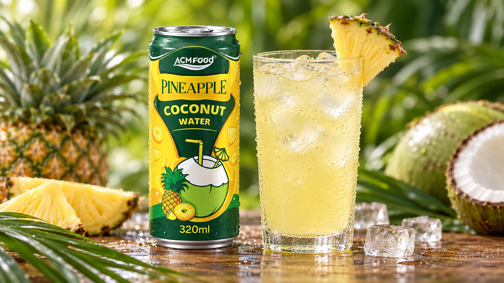 Close-up of a tall glass of pineapple coconut water drink with ice cubes and a small pineapple wedge on the rim, condensation on the glass, blurred tropical green background, soft diffused light, realistic commercial beverage photography, 16:9 landscape, no text