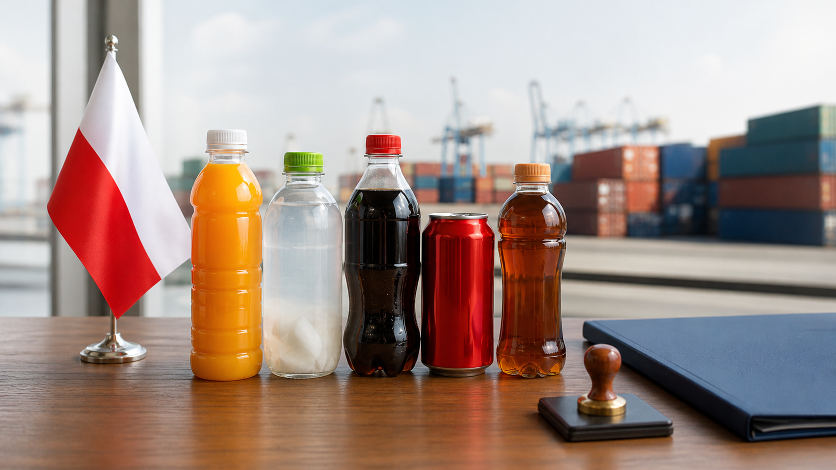 Assorted beverage bottles beside Polish flag and customs folder