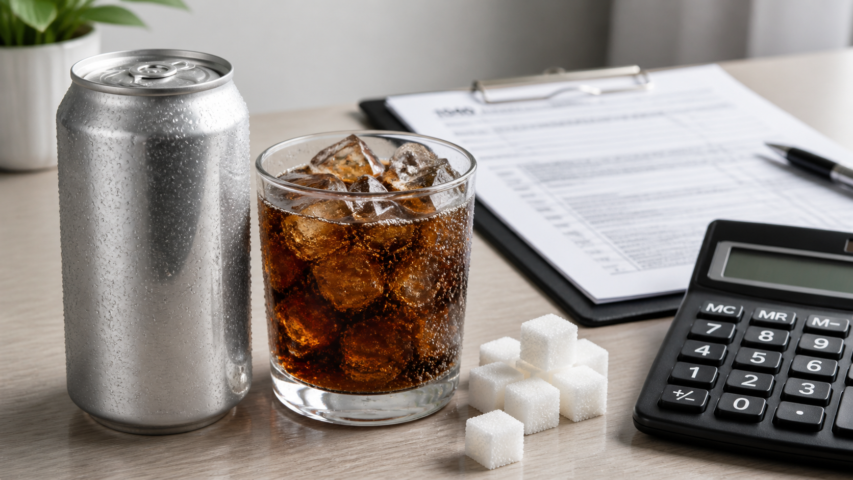 Soft drink with sugar cubes and calculator on a desk