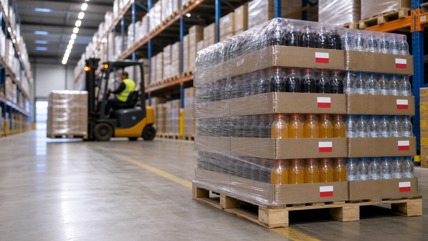 Palletized beverage cartons with Poland flag label at warehouse