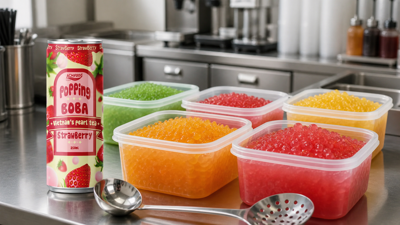 Bulk popping boba handled in-house before filling into finished drinks