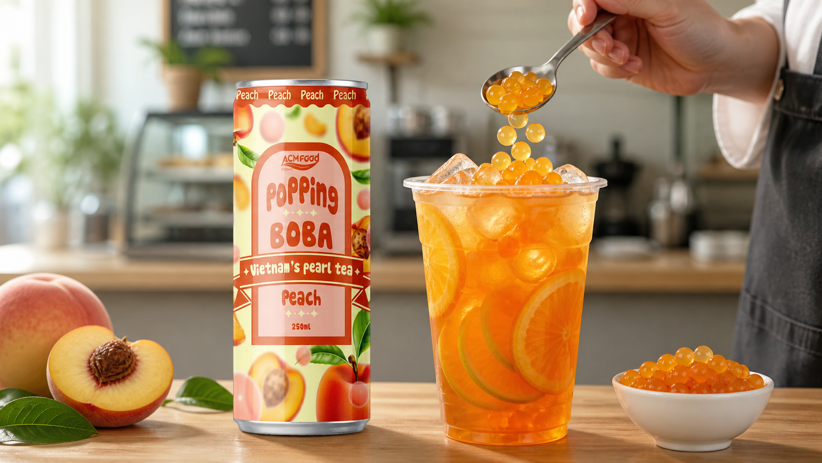 Popping boba spheres visible in a finished fruit drink