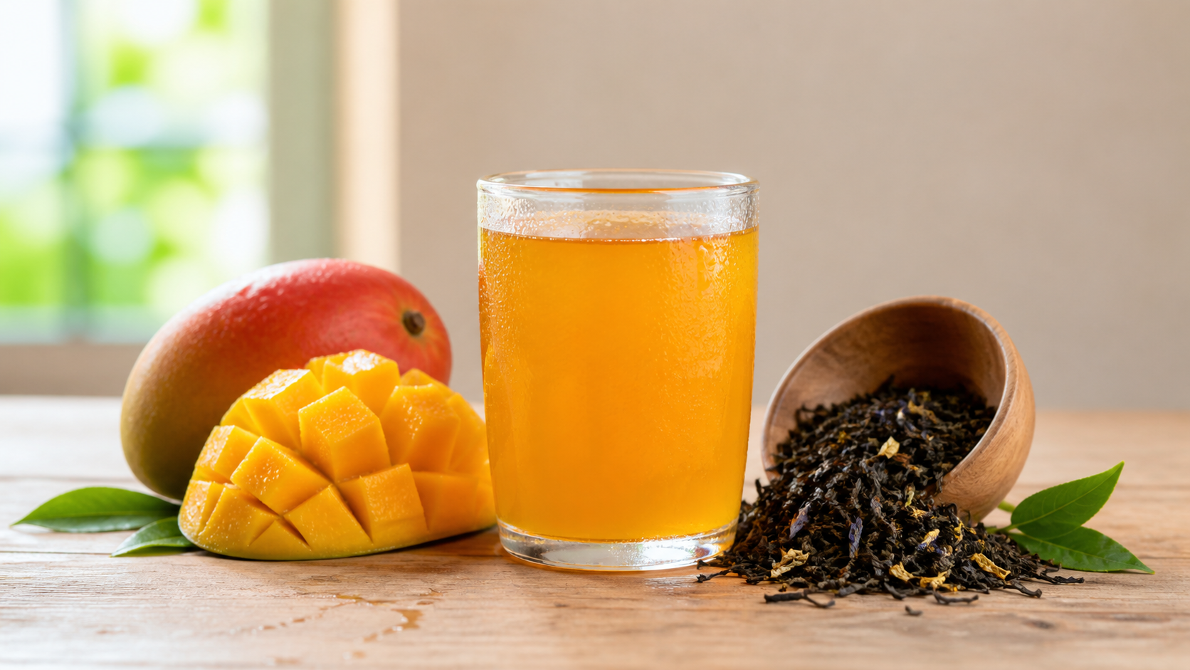 Glass of juice with fresh fruits and tea leaves on a clean table