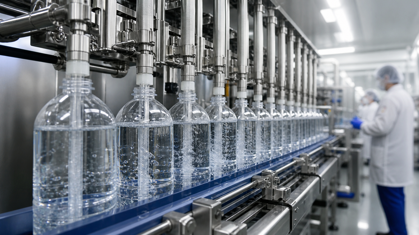 Aseptic filling line bottling preservative free beverage under controlled cleanroom lighting