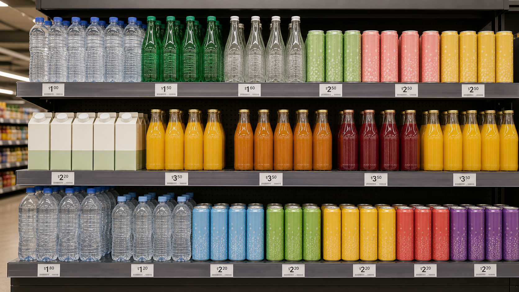 Australian supermarket shelf with assorted private label beverage cans and bottles