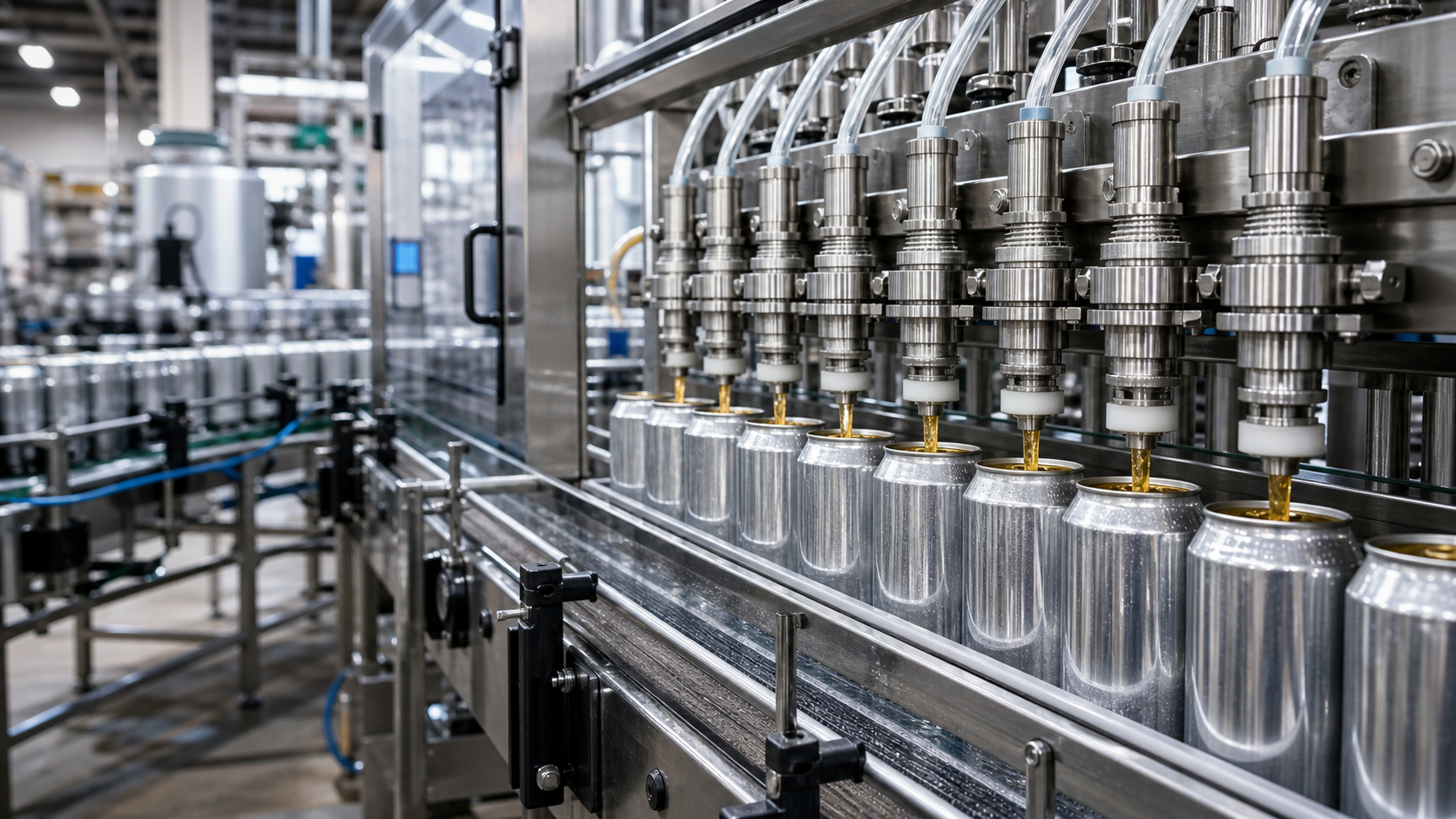 Beverage canning line filling aluminum cans in a modern facility