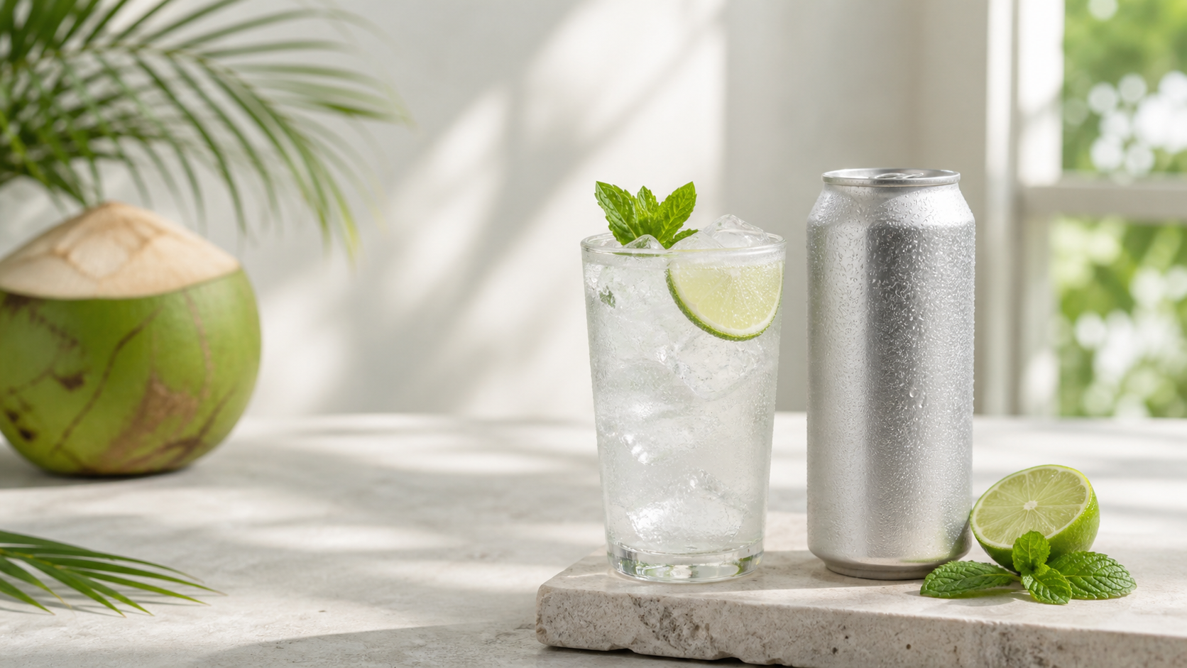 Chilled coconut water can beside glass with ice and tropical garnish